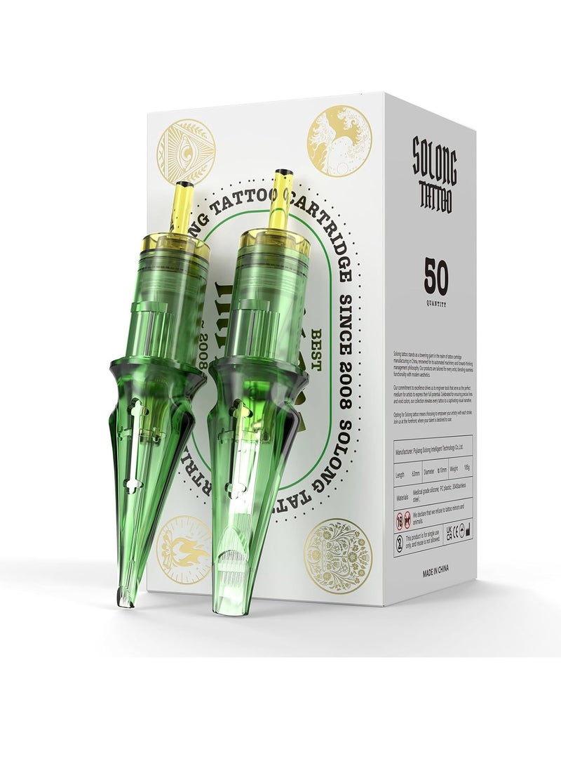 solong tattoo 50Pcs Tattoo Needles Assorted, Solong Pro Disposable Tattoo Needles Size #12 Round Liner -10Pcs each of 1RL,3RL,5RL,7RL,9RL Tattoo Cartridge Needles EN01S-50KIT-Q  - Image 1