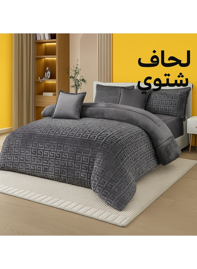 مينج لي مفرش شتوي نفر ونص نظام وجهين (مخمل × فرو) – طقم مفارش 4 قطع يشمل لحاف، شرشف مطاطي، غطاء وسادة وغطاء مخدة، يناسب سرير مقاس 140×200 سم - Image 3