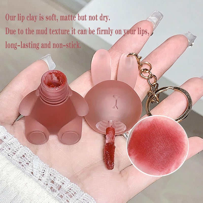 LuckNest 6 Colors Velvet Matte Liquid Lipstick set, Cute Rabbit Lip Glaze 2 in 1 Key Chain Lip Gloss Lip Stain, Waterproof Non-Stick Cup Long Lasting Lip Clay Cute Lip Makeup for Girls (A) - Image 4