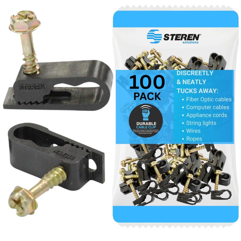 STEREN Coaxial Cable Clips - Cable Holder - Siding Clips for Hanging - Cord Holder for Desk - Cable Clamps - Cord Clip - Wire Organizer Clips - Tv Mount Screws (Black, 100 Count - Dual Screw) - Image 1