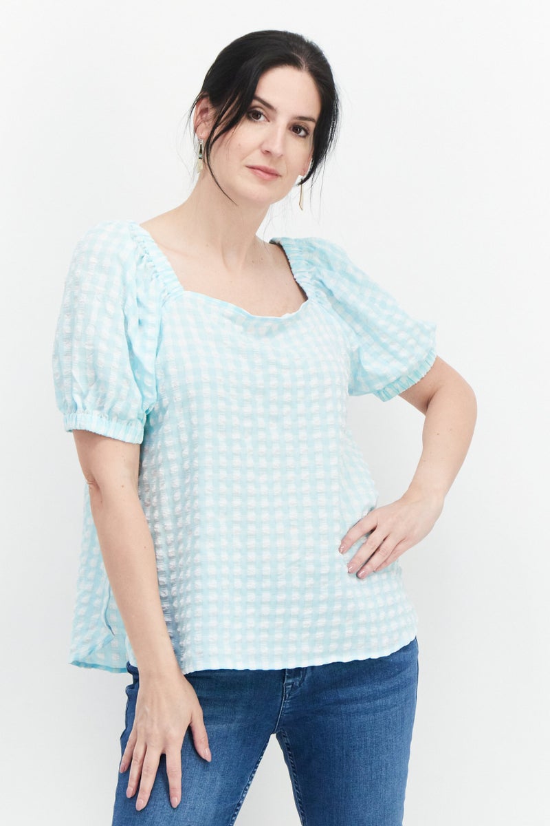 ANNE KLEIN Women Square Neck Puffed Sleeves Gingham Pattern Top, Ocean Sky - Image 1
