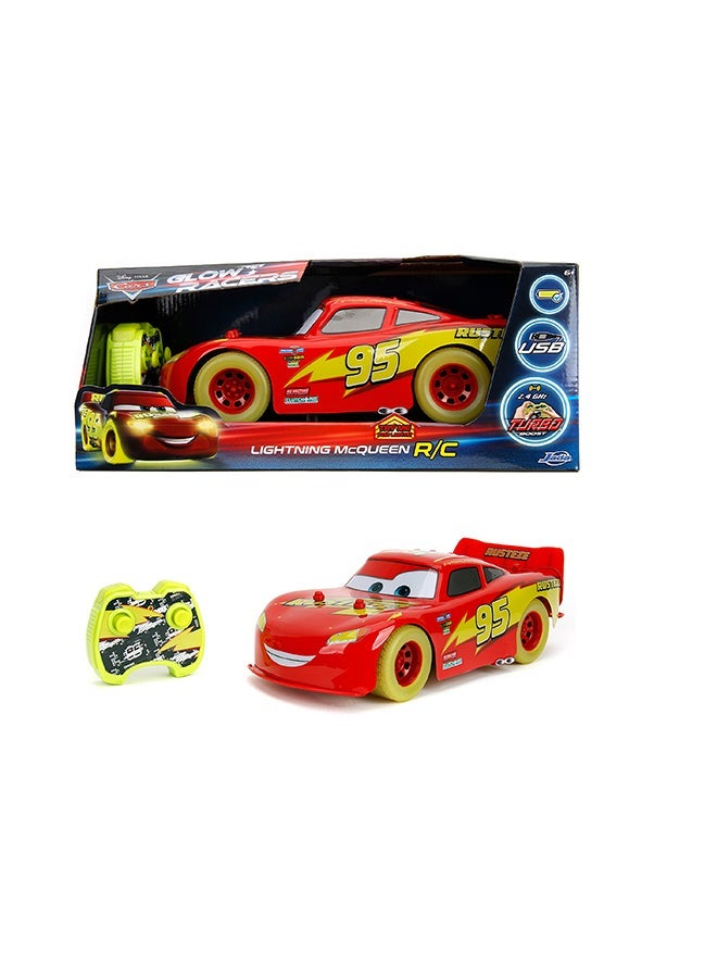 JADA Disney Pixar Cars Lightning McQueen Glow Racers Remote Controlled Vehicle, 1:14 Scale, Multicolored - Image 1