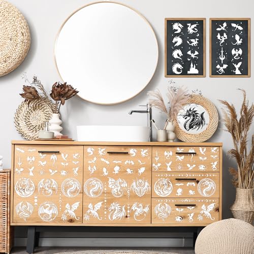 Keluna Dragon Stencils for Painting - 30 Pcs Reusable Pterosaur Moon Star Crafts Templates Dragon Themed Stencils for Painting onWood Wall DIY Art Craft Canvas Fabric Home Décor - Image 4