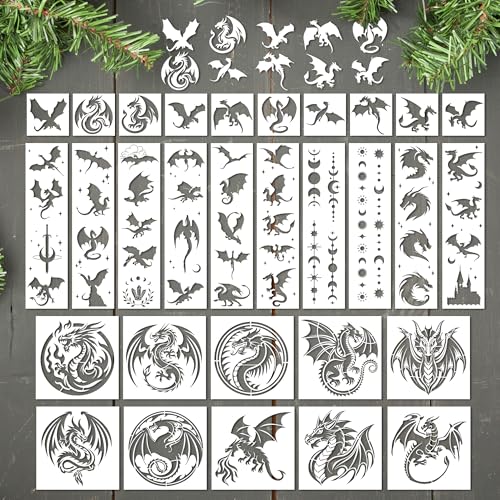 Keluna Dragon Stencils for Painting - 30 Pcs Reusable Pterosaur Moon Star Crafts Templates Dragon Themed Stencils for Painting onWood Wall DIY Art Craft Canvas Fabric Home Décor - Image 1