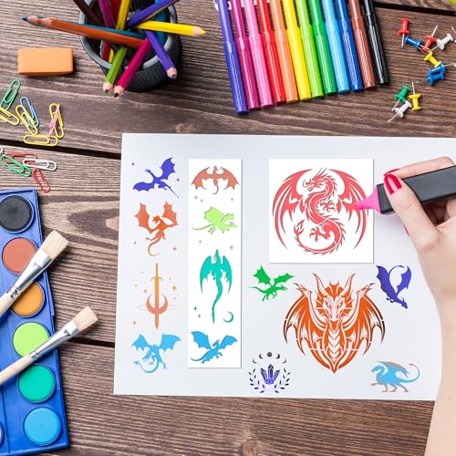 Keluna Dragon Stencils for Painting - 30 Pcs Reusable Pterosaur Moon Star Crafts Templates Dragon Themed Stencils for Painting onWood Wall DIY Art Craft Canvas Fabric Home Décor - Image 2