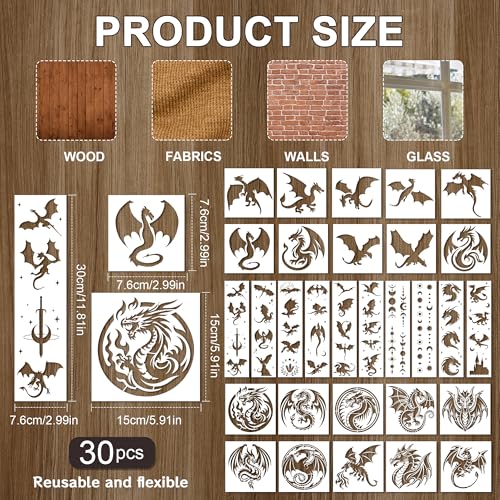 Keluna Dragon Stencils for Painting - 30 Pcs Reusable Pterosaur Moon Star Crafts Templates Dragon Themed Stencils for Painting onWood Wall DIY Art Craft Canvas Fabric Home Décor - Image 3
