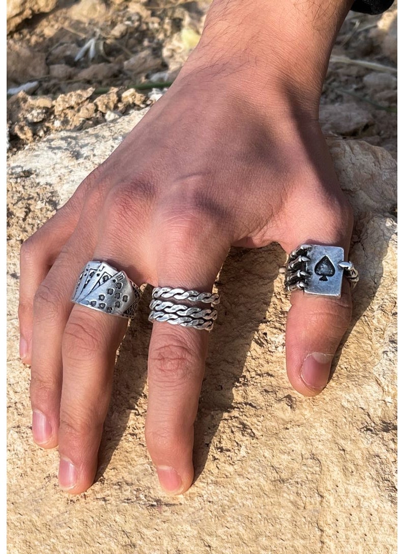 The Collection 3 Piece Ace of Spades Playing Card Spiral Silver Plated Adjustable Ring Set  - Image 1