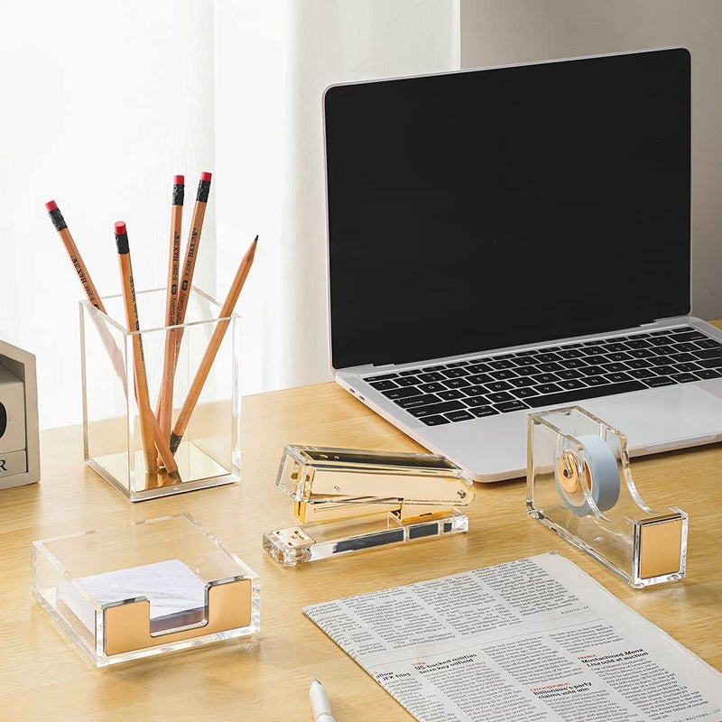 VOSTOR Acrylic Gold Tape Dispenser & Desktop Stapler, Includes Staple Remover, Tape, 1000pcs Staples - Cute Office Stapler Set for Modern Design Desk Accessory Kit - Image 5