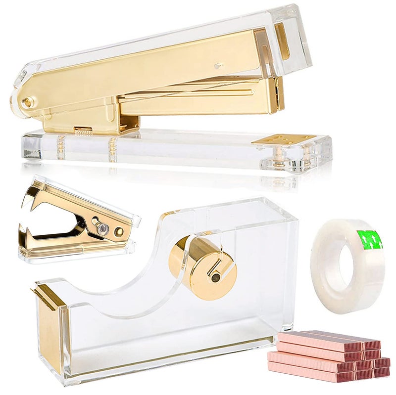 VOSTOR Acrylic Gold Tape Dispenser & Desktop Stapler, Includes Staple Remover, Tape, 1000pcs Staples - Cute Office Stapler Set for Modern Design Desk Accessory Kit - Image 1