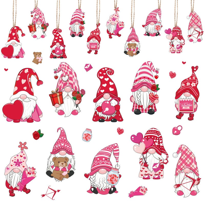 Quzzil 40 Pieces Valentines Gnome Ornaments Wooden Valentines Day Hanging Decorations Pink Romantic Gnome Elf Pendants Tags with Ropes for Valentine's Day Wedding Anniversary Decoration Love Tree Decor - Image 1
