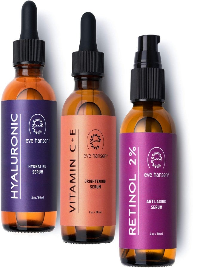 Eve Hansen Full-Size Anti-Aging Serum Set with Hyaluronic Acid, Vitamin C, and Retinol Serums for Improved Appearance of Wrinkles and Fine Lines, Dark Spots, and Skin Firmness 3 x 2 oz - Image 1