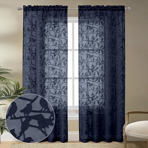 OVZME Anji Textured Navy Blue Sheer Curtains 84 inch Length 2 Panels Set for Living Room, Semi Voile Privacy & Light Filtering Elegant Jacquard Sheer Curtain for Bedroom, Dual Rod Pocket, 38Wx84L - Image 1