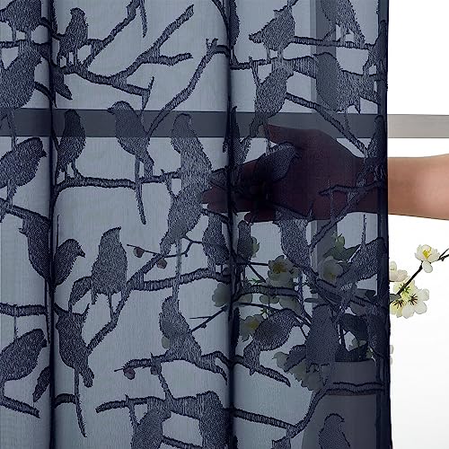 OVZME Anji Textured Navy Blue Sheer Curtains 84 inch Length 2 Panels Set for Living Room, Semi Voile Privacy & Light Filtering Elegant Jacquard Sheer Curtain for Bedroom, Dual Rod Pocket, 38Wx84L - Image 5