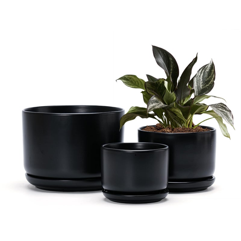 Ton Sin Plant Pots, 4.1+5.1+6.5 inch, Set of 3, Ceramic Planters with Drainage Hole and Saucer, Indoor Flower Pot Gifts for Momï¼ˆMatte Blackï¼‰ - Image 1
