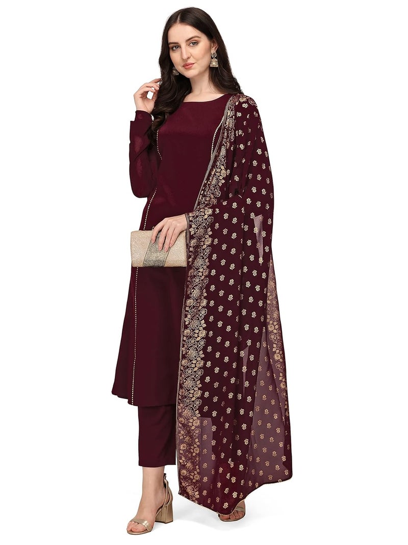 FIORRA Women's Maroon Poly Crepe Straight Kurta with Pant and Dupatta - Image 1