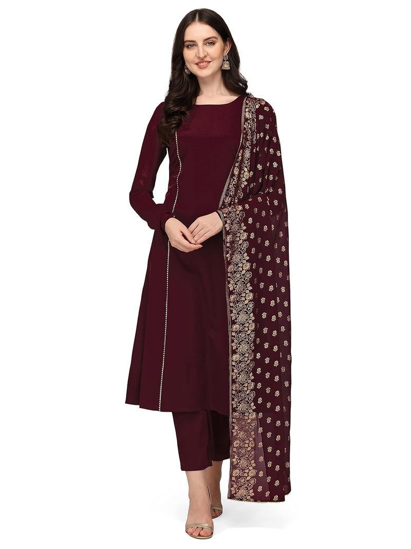 FIORRA Women's Maroon Poly Crepe Straight Kurta with Pant and Dupatta - Image 2