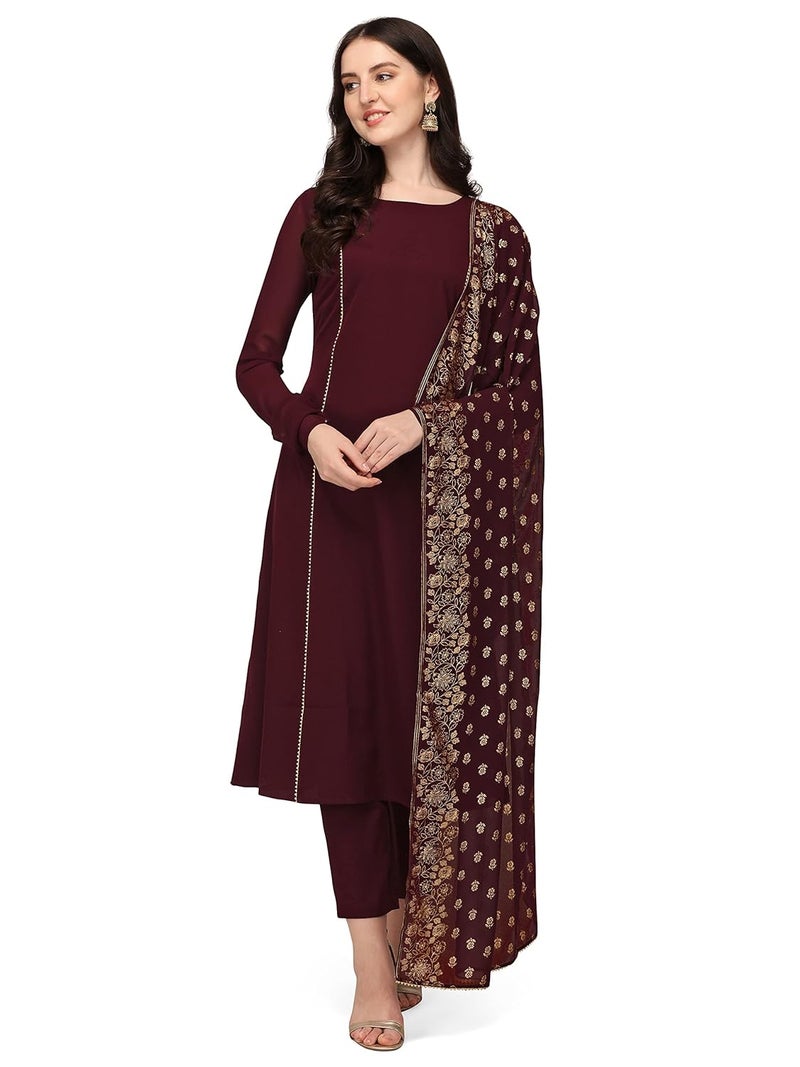 FIORRA Women's Maroon Poly Crepe Straight Kurta with Pant and Dupatta - Image 3