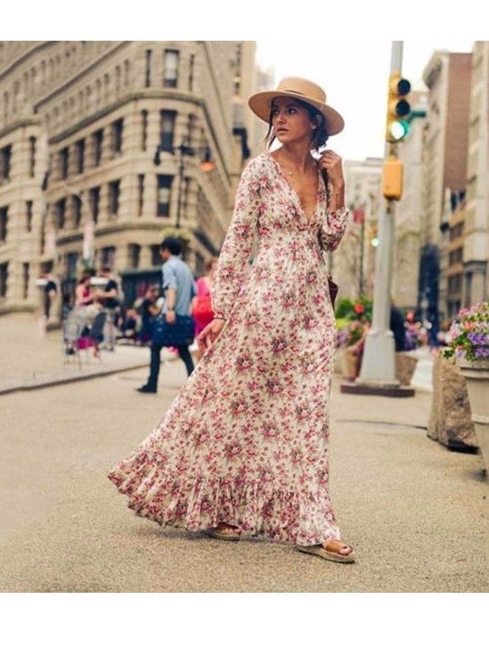 NIBEMINENT Printed Dress Lantern Sleeves Large Hem Bohemia - Image 1