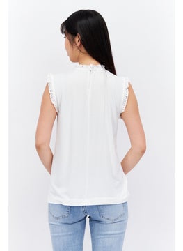 ESPRIT Women Ruffle Neck Sleeveless Solid Top, White  - Image 3