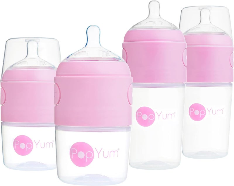 PopYum Pink Formula Making Baby Bottle Starter Set - 4-Pack with 2x 5oz Slow Flow and 2x 9oz Medium Flow Bottles - Image 1