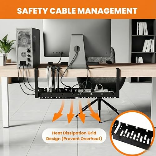 SMUTRAS Metal Wire Organiser & Cable Management Tray for Desk | No-Drill Clamp Mount Under Desk Cable Organiser for Table | Expandable, Sturdy Metal Design for Home Office & Gaming Setup (Black) - Image 5