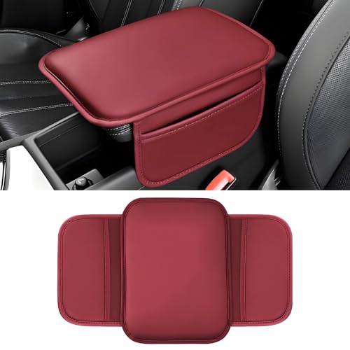 Wogomz Car Center Console Cover 11683 Leather Car Armrest Cushion Pad with 2 Storage Pockets Comfortable Arm Rest Box Cover Mat for Most Vehicles Universal Interior Accessories Wine Red - Image 1