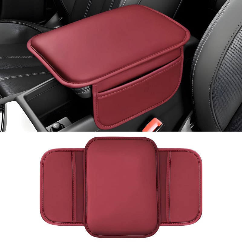 Wogomz Car Center Console Cover 11683 Leather Car Armrest Cushion Pad with 2 Storage Pockets Comfortable Arm Rest Box Cover Mat for Most Vehicles Universal Interior Accessories Wine Red - Image 2