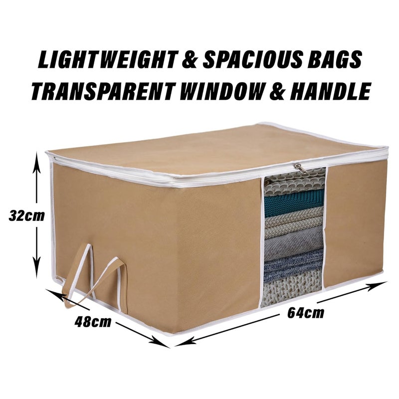 Kuber Industries Underbed Storage Bag Plain White Border Blanket Cover with Clear Window Zipper Closure Handle Cloth Organizer Large Pack of 3 Brown - Image 3