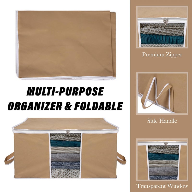 Kuber Industries Underbed Storage Bag Plain White Border Blanket Cover with Clear Window Zipper Closure Handle Cloth Organizer Large Pack of 3 Brown - Image 4