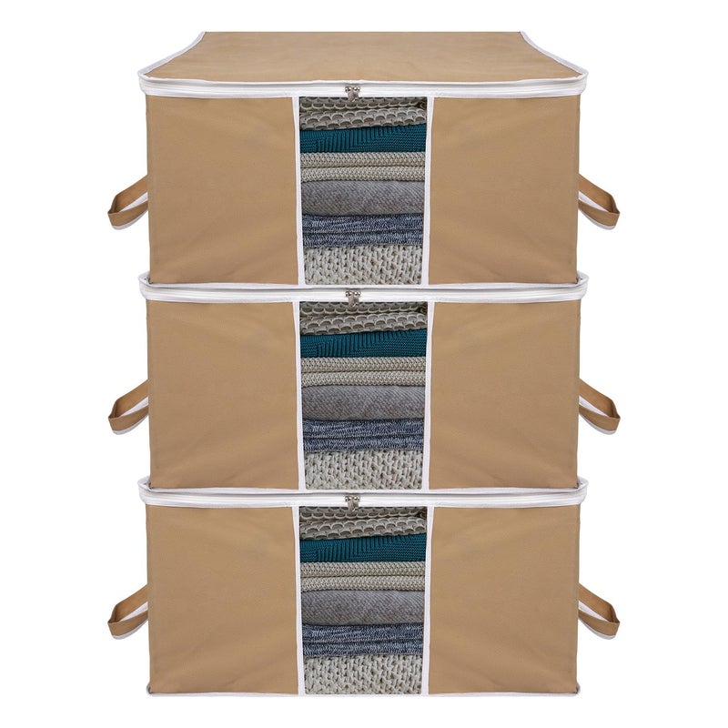 Kuber Industries Underbed Storage Bag Plain White Border Blanket Cover with Clear Window Zipper Closure Handle Cloth Organizer Large Pack of 3 Brown - Image 1