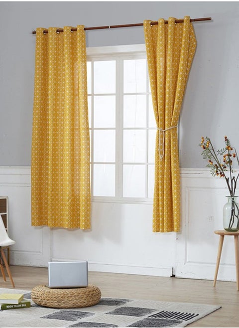 Nordic Style Cotton And Linen Checkerbaord Lattice Printed Half Blackout Curtain Yellow 140 x 215centimeter