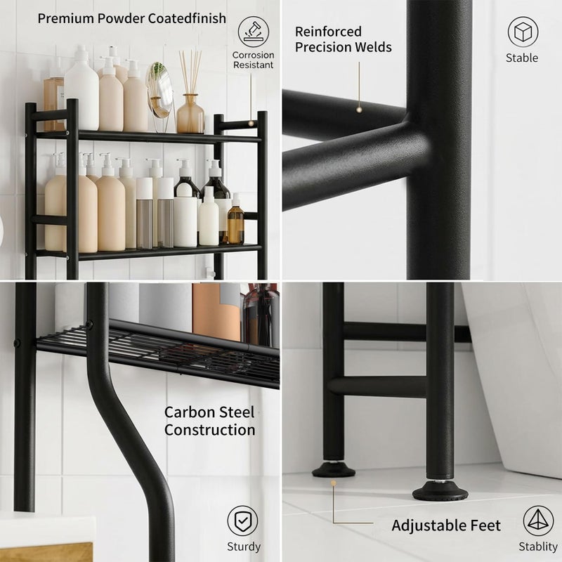 GloTika 3-Tier Over Toilet Storage with Anti-Tilt Safety System - 150lb Total Capacity Metal Bathroom Shelves Including Paper Holder & 4 Hooks, Space Saving Above Commode Organizer (64" H, Black) - Image 5