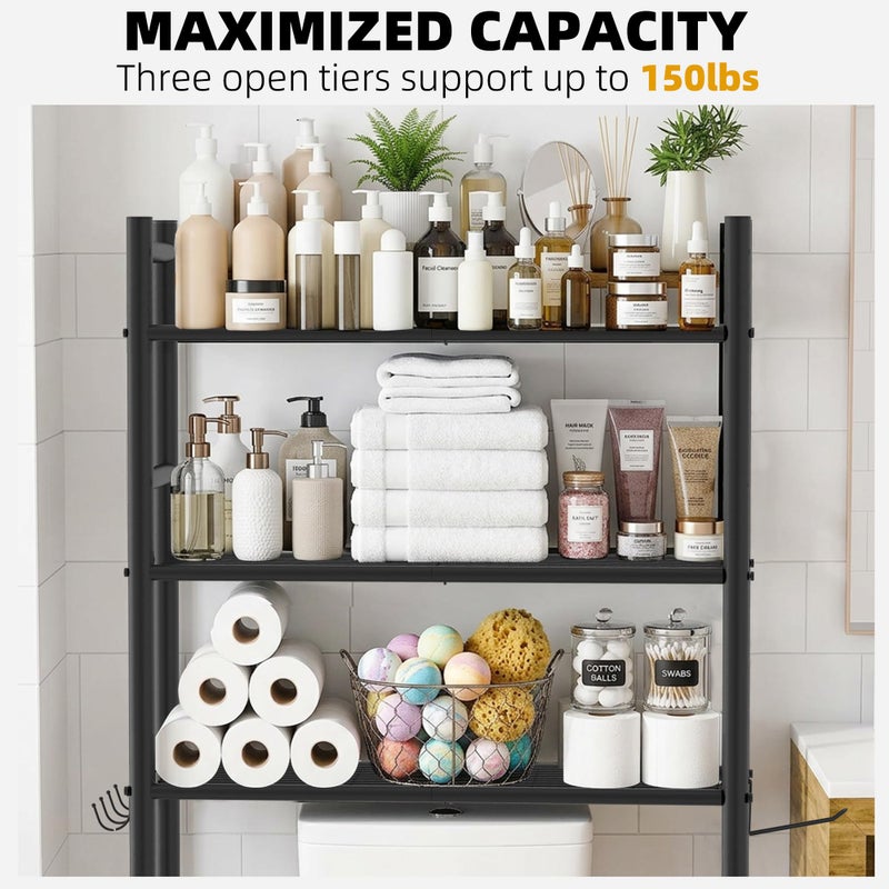 GloTika 3-Tier Over Toilet Storage with Anti-Tilt Safety System - 150lb Total Capacity Metal Bathroom Shelves Including Paper Holder & 4 Hooks, Space Saving Above Commode Organizer (64" H, Black) - Image 4