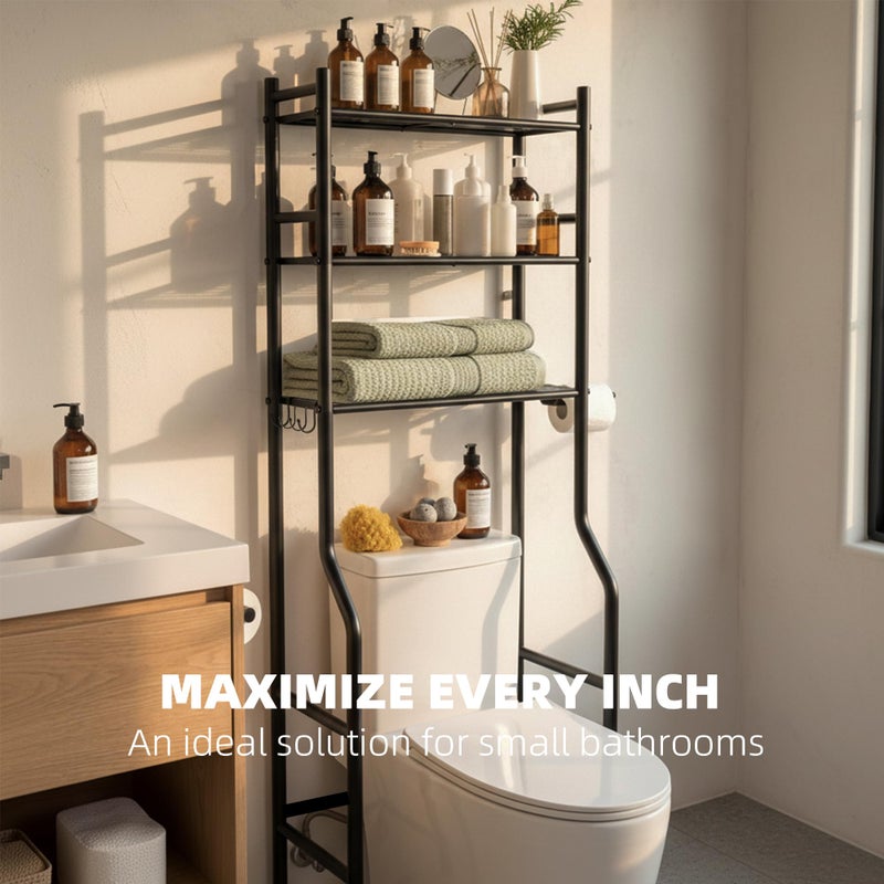 GloTika 3-Tier Over Toilet Storage with Anti-Tilt Safety System - 150lb Total Capacity Metal Bathroom Shelves Including Paper Holder & 4 Hooks, Space Saving Above Commode Organizer (64" H, Black) - Image 3