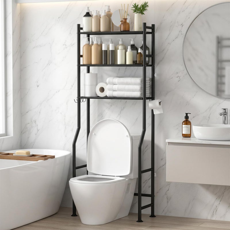 GloTika 3-Tier Over Toilet Storage with Anti-Tilt Safety System - 150lb Total Capacity Metal Bathroom Shelves Including Paper Holder & 4 Hooks, Space Saving Above Commode Organizer (64" H, Black) - Image 1