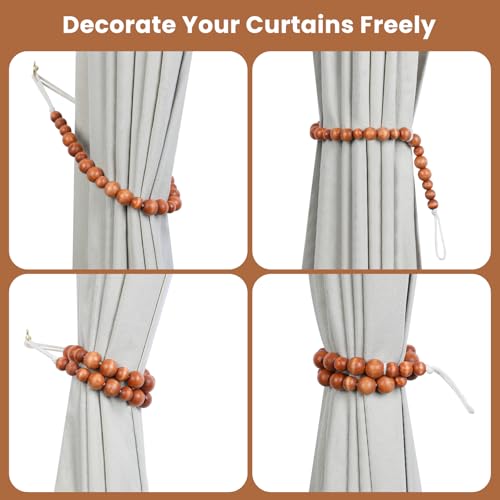 KLOGTSIND Wood Bead Curtain Tiebacks, KLOGTSIND Set of 2 Curtain Holdbacks for Thin or Thick Window Draperies, Boho Farmhouse Curtain Tiebacks with Hooks, Curtain Tie Backs for Home Office Room Decor - Image 3