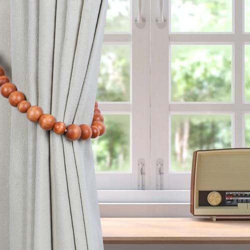 KLOGTSIND Wood Bead Curtain Tiebacks, KLOGTSIND Set of 2 Curtain Holdbacks for Thin or Thick Window Draperies, Boho Farmhouse Curtain Tiebacks with Hooks, Curtain Tie Backs for Home Office Room Decor - Image 2