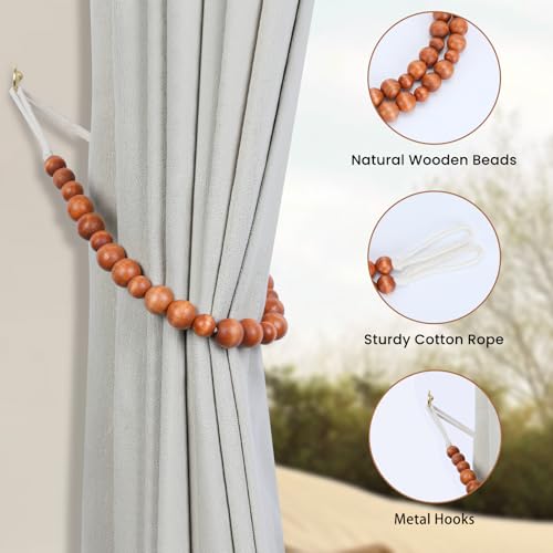 KLOGTSIND Wood Bead Curtain Tiebacks, KLOGTSIND Set of 2 Curtain Holdbacks for Thin or Thick Window Draperies, Boho Farmhouse Curtain Tiebacks with Hooks, Curtain Tie Backs for Home Office Room Decor - Image 5