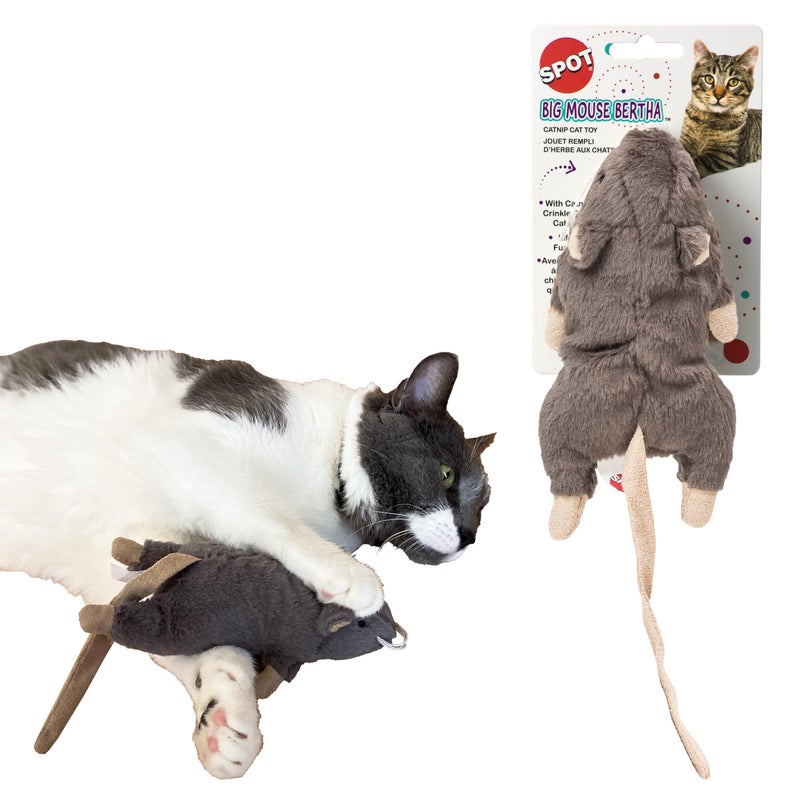 SPOT Big Mouse Bertha Cat Toy with Catnip Lifelike Plush Mouse Crinkle Sound Large 7in Size for Cuddling Chasing Playing Assorted Colors - Image 2