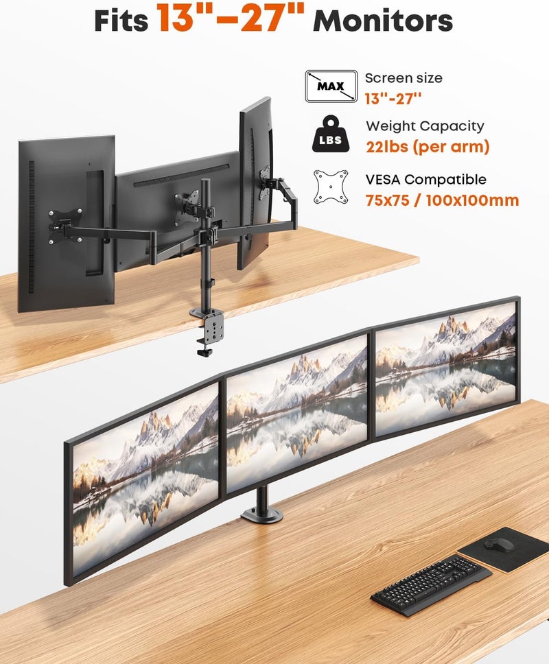 PUTORSEN Triple Monitor Mount,3 Monitor Desk Mount Fits 13-27 inch Screens,Triple Monitor Stand Fully Adjustable with Cable Management,10kg Weight Capacity per Arm,VESA 75/100mm - Image 3