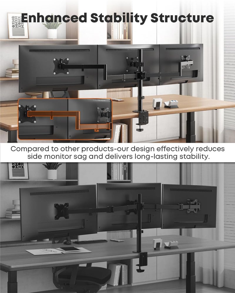 PUTORSEN Triple Monitor Mount,3 Monitor Desk Mount Fits 13-27 inch Screens,Triple Monitor Stand Fully Adjustable with Cable Management,10kg Weight Capacity per Arm,VESA 75/100mm - Image 2