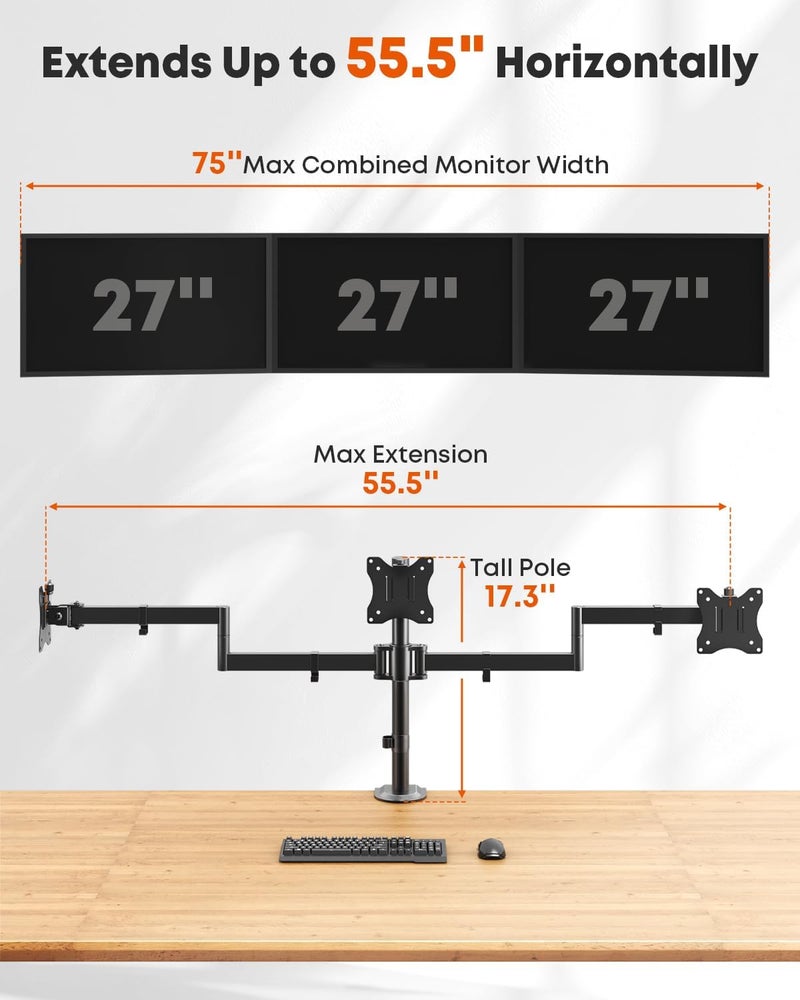 PUTORSEN Triple Monitor Mount,3 Monitor Desk Mount Fits 13-27 inch Screens,Triple Monitor Stand Fully Adjustable with Cable Management,10kg Weight Capacity per Arm,VESA 75/100mm - Image 5