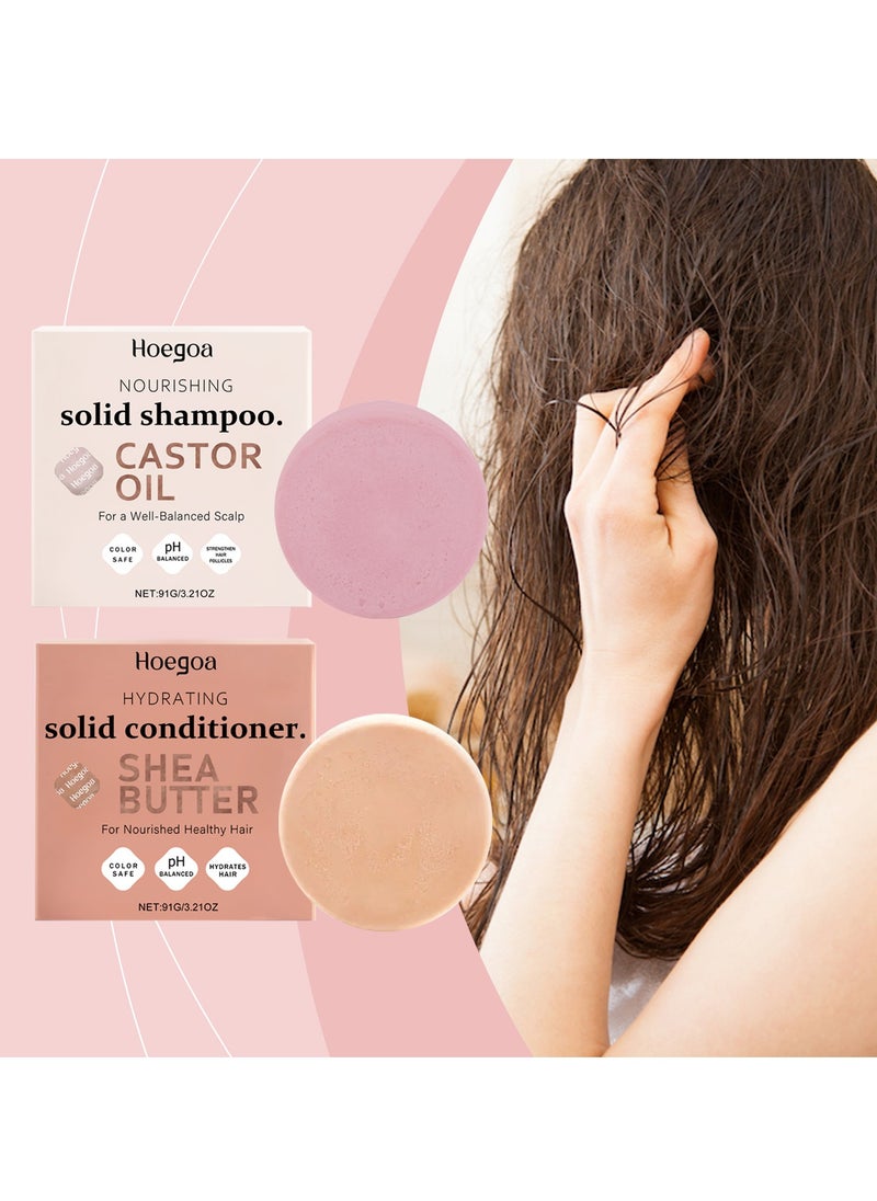 HOEGOA - Castor Oil Shampoo Bar & Shea Butter Deep-Moisturizing Conditioner Bar - Hydrating for Dull & Dry Hair, Strengthen & Restore Damage Hair, 2pcs Set - Image 1