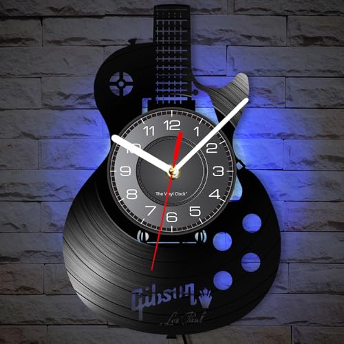 Timethink Acoustic Guitar 12" LED Vinyl Wall Clock 7 Colors Changing with Remote Control Musical Instrument Bedroom Wall Decor Vinyl Record Night Light Wall Clock Rock N Roll Music Gift for Men Cave - Image 1