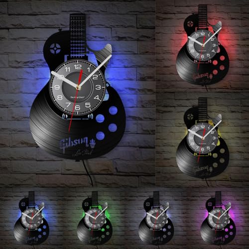 Timethink Acoustic Guitar 12" LED Vinyl Wall Clock 7 Colors Changing with Remote Control Musical Instrument Bedroom Wall Decor Vinyl Record Night Light Wall Clock Rock N Roll Music Gift for Men Cave - Image 3