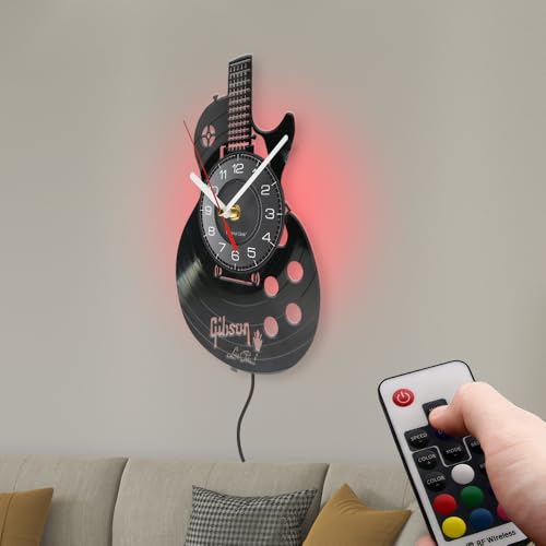 Timethink Acoustic Guitar 12" LED Vinyl Wall Clock 7 Colors Changing with Remote Control Musical Instrument Bedroom Wall Decor Vinyl Record Night Light Wall Clock Rock N Roll Music Gift for Men Cave - Image 2