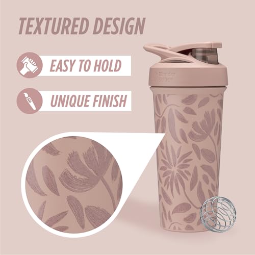 BlenderBottle Sport Flip Shaker Cup Insulated Stainless Steel Water Bottle with Wire Whisk 25Ounce Brown Flowers - Image 3