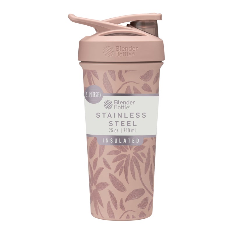 BlenderBottle Sport Flip Shaker Cup Insulated Stainless Steel Water Bottle with Wire Whisk 25Ounce Brown Flowers - Image 2
