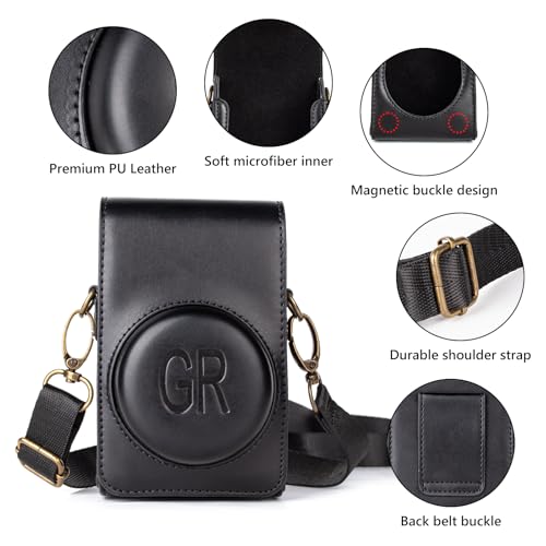 kinokoo Protective Case for Ricoh GR/GR II/GR III/IIIX /GR IV Camera, PU Leather GR GR II GR III GR IIIX GR IVCamera Case Cover with Shoulder Strap - Retro Style Easy Carrying Bag- Black - Image 4