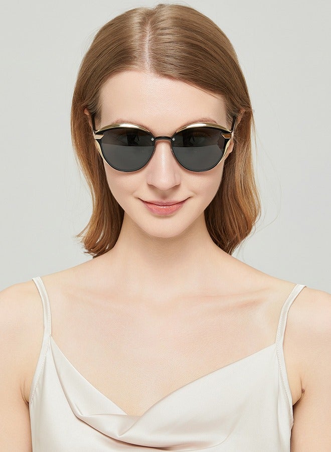 نظارات شمسية مستقطبة عالية الدقة على شكل عين القطة | إطار ذهبي عتيق وعدسات رمادية سوداء | حماية من الأشعة فوق البنفسجية 400 | بيان أزياء مضاد للتوهج | نظارات شمسية أنيقة خفيفة الوزن مصنوعة من سبائك معدنية ملونة فاخرة توفر حماية من الأشعة فوق البنفسجية - Image 1